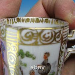 Dresden China Quatrefoil Watteau Courting Scenes 3 Demitasse Cups & Saucers