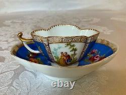 Dresden Courting Scenes Quatrefoil Demitasse Cup & Saucer / Germany 19th Century