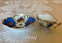 Dresden Courting Scenes Quatrefoil Demitasse Cup & Saucer / Germany 19th Century