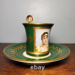 E. G. Limoges Empress Josephine Hand Painted Green Demitasse Porcelain Cup Saucer