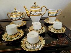 Elite Limoges Green Gold Encrusted Tea Pot Cup Saucer Creamer Sugar Bowl 4 Set