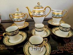 Elite Limoges Green Gold Encrusted Tea Pot Cup Saucer Creamer Sugar Bowl 4 Set