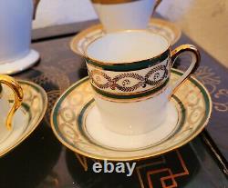 Elite Limoges Green Gold Encrusted Tea Pot Cup Saucer Creamer Sugar Bowl 4 Set