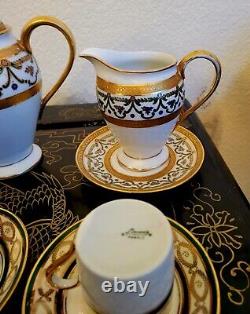 Elite Limoges Green Gold Encrusted Tea Pot Cup Saucer Creamer Sugar Bowl 4 Set