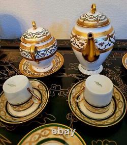 Elite Limoges Green Gold Encrusted Tea Pot Cup Saucer Creamer Sugar Bowl 4 Set