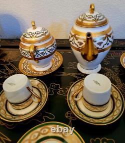 Elite Limoges Green Gold Encrusted Tea Pot Cup Saucer Creamer Sugar Bowl 4 Set