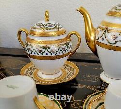 Elite Limoges Green Gold Encrusted Tea Pot Cup Saucer Creamer Sugar Bowl 4 Set