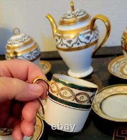 Elite Limoges Green Gold Encrusted Tea Pot Cup Saucer Creamer Sugar Bowl 4 Set