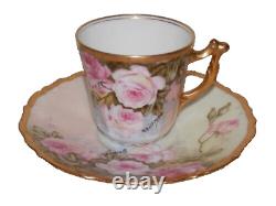 Elite Limoges Hand Painted Roses Demitasse Cup & Saucer Signed Balitrand Bin