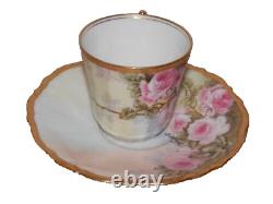 Elite Limoges Hand Painted Roses Demitasse Cup & Saucer Signed Balitrand Bin