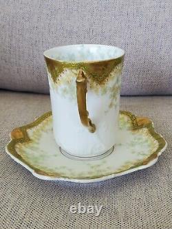 Elite Works Limoges France Demitasse Teacup & Saucer Set Hand Painted Gold Rose