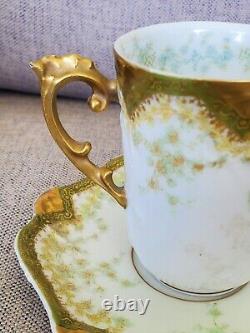 Elite Works Limoges France Demitasse Teacup & Saucer Set Hand Painted Gold Rose