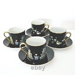 FITZ & FLOYD CHINOISERIE Demitasse CUPS SAUCER Set of 4 BUDDHA PAGODA CRANE