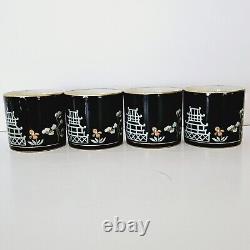 FITZ & FLOYD CHINOISERIE Demitasse CUPS SAUCER Set of 4 BUDDHA PAGODA CRANE