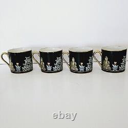 FITZ & FLOYD CHINOISERIE Demitasse CUPS SAUCER Set of 4 BUDDHA PAGODA CRANE