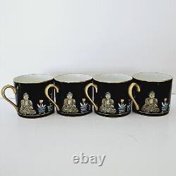 FITZ & FLOYD CHINOISERIE Demitasse CUPS SAUCER Set of 4 BUDDHA PAGODA CRANE