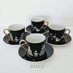 FITZ & FLOYD CHINOISERIE Demitasse CUPS SAUCER Set of 4 BUDDHA PAGODA CRANE