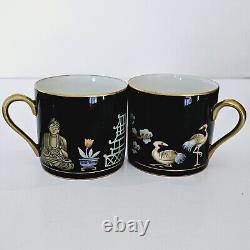 FITZ & FLOYD CHINOISERIE Demitasse CUPS SAUCER Set of 4 BUDDHA PAGODA CRANE