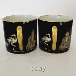 FITZ & FLOYD CHINOISERIE Demitasse CUPS SAUCER Set of 4 BUDDHA PAGODA CRANE