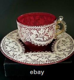 Fabulos Fantastic Handmade Moser White Lace Demitasse Cup and Saucer. 19th C