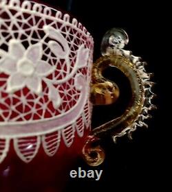 Fabulos Fantastic Handmade Moser White Lace Demitasse Cup and Saucer. 19th C