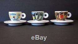 Faces ILLY Collection 1994 Espresso Demitasse Cups Saucers SET of 6 Sandro Chia