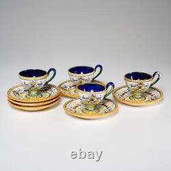 Faenza Italy Majolica Pottery Blue Yellow Set of 4 Demitasse Cups and 6 Saucers