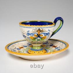 Faenza Italy Majolica Pottery Blue Yellow Set of 4 Demitasse Cups and 6 Saucers