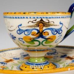 Faenza Italy Majolica Pottery Blue Yellow Set of 4 Demitasse Cups and 6 Saucers