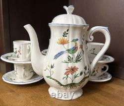 Faiencerie De Gien Coffee Pot & 6 Demitasse Cups & Saucers Oiseau De Paradis