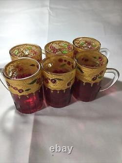 Fine Glass Demitasse Espresso Cups/Saucers Gold on Cranberry