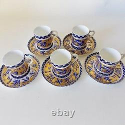 Five Coalport Bamboo Bird Garden Demitasse Cups And Saucers Cobalt Blue And Gold