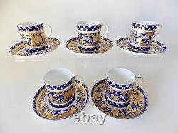 Five Coalport Bamboo Bird Garden Demitasse Cups And Saucers Cobalt Blue And Gold