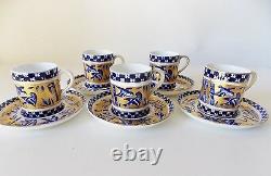 Five Coalport Bamboo Bird Garden Demitasse Cups And Saucers Cobalt Blue And Gold