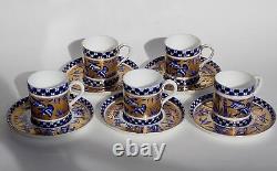 Five Coalport Bamboo Bird Garden Demitasse Cups And Saucers Cobalt Blue And Gold