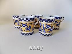 Five Coalport Bamboo Bird Garden Demitasse Cups And Saucers Cobalt Blue And Gold