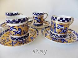 Five Coalport Bamboo Bird Garden Demitasse Cups And Saucers Cobalt Blue And Gold