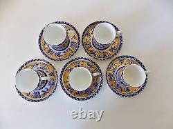 Five Coalport Bamboo Bird Garden Demitasse Cups And Saucers Cobalt Blue And Gold