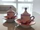 Ginori 1735 Oriente Italiano Vermiglio Demitasse Cups & Saucers Pair Withlids