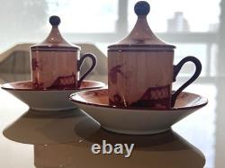 Ginori 1735 Oriente Italiano Vermiglio Demitasse Cups & Saucers Pair withLids