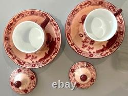 Ginori 1735 Oriente Italiano Vermiglio Demitasse Cups & Saucers Pair withLids