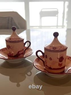 Ginori 1735 Oriente Italiano Vermiglio Demitasse Cups & Saucers Pair withLids