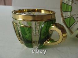 Glass Demitasse Cup & Saucer VERY RARE emerald green cabochon gold Moser czech