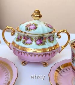 Gloria Carlsbad Alt Wien Pink Gold Demitasse Set Fragonard 2 Cups Sugar Saucers