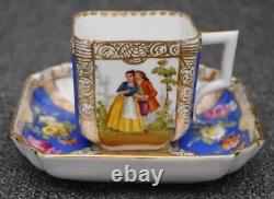 Gorgeous Antique Hnd Ptd Dresden Floral Courting Scene Demitasse Cup & Saucer #1