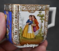 Gorgeous Antique Hnd Ptd Dresden Floral Courting Scene Demitasse Cup & Saucer #1