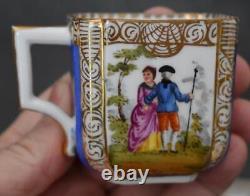 Gorgeous Antique Hnd Ptd Dresden Floral Courting Scene Demitasse Cup & Saucer #1