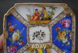Gorgeous Antique Hnd Ptd Dresden Floral Courting Scene Demitasse Cup & Saucer #1