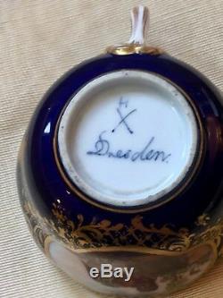 Gorgeous Dresden with handpainted horse scenes cartouches demitasse cup and saucer
