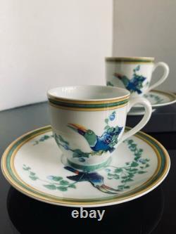 HERMES Toucans Demitasse Cups & Saucers Set of 2 Porcelain Toucan Design